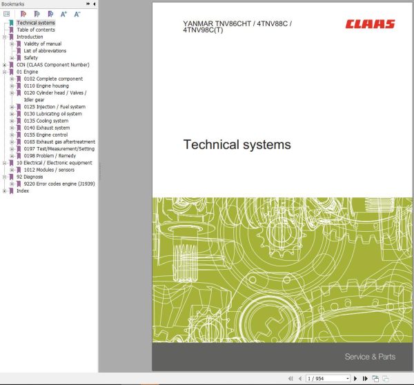 Claas Yanmar Engine TNV86CHT 4TNV88C 4TNV98CT Technical Systems 00 0303 899 1