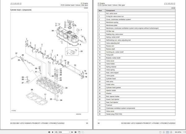 Claas Yanmar Engine TNV86CHT 4TNV88C 4TNV98CT Technical Systems 00 0303 899 1 1