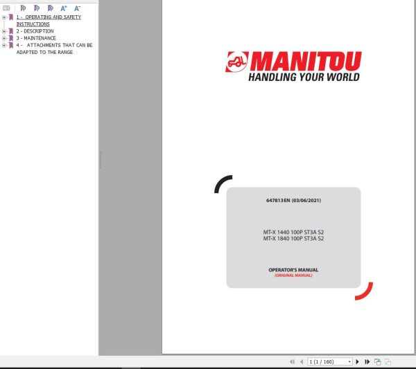 Manitou MT X1440 100P ST3A S2 MT X1840 100P ST3A S2 Operator Parts Service Manual 2