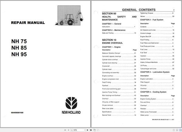 Newholland Backhoe Loader NH75 NH85 NH95 Repair Manual 6045600100