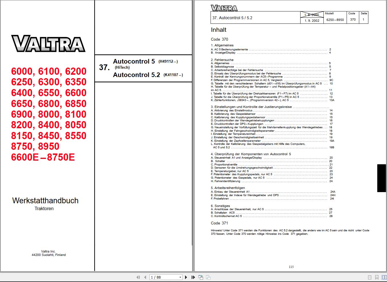 Valtra Tractor 6000 to 8750E Service Manual DE