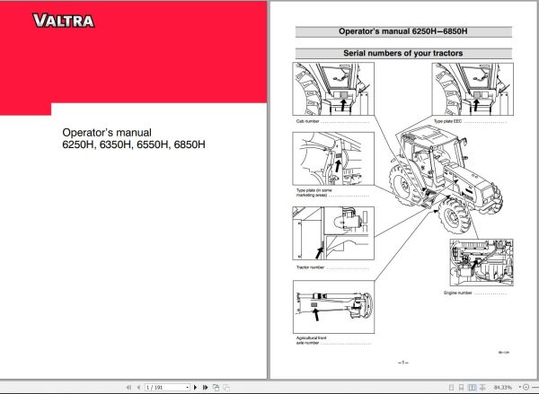 Valtra Tractor 6250H 6350H 6550H 6850H Operators Manual
