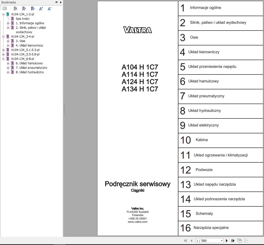 Valtra Tractor A104H1C7 to A134H1C7 Service Manual PL