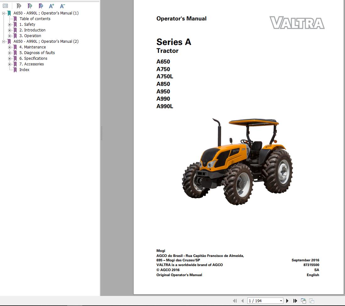 Valtra Tractor A650 to A990L Operators Manual