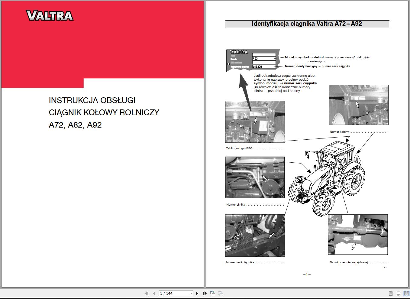 Valtra Tractor A72 A82 A92 Operators Manual PL