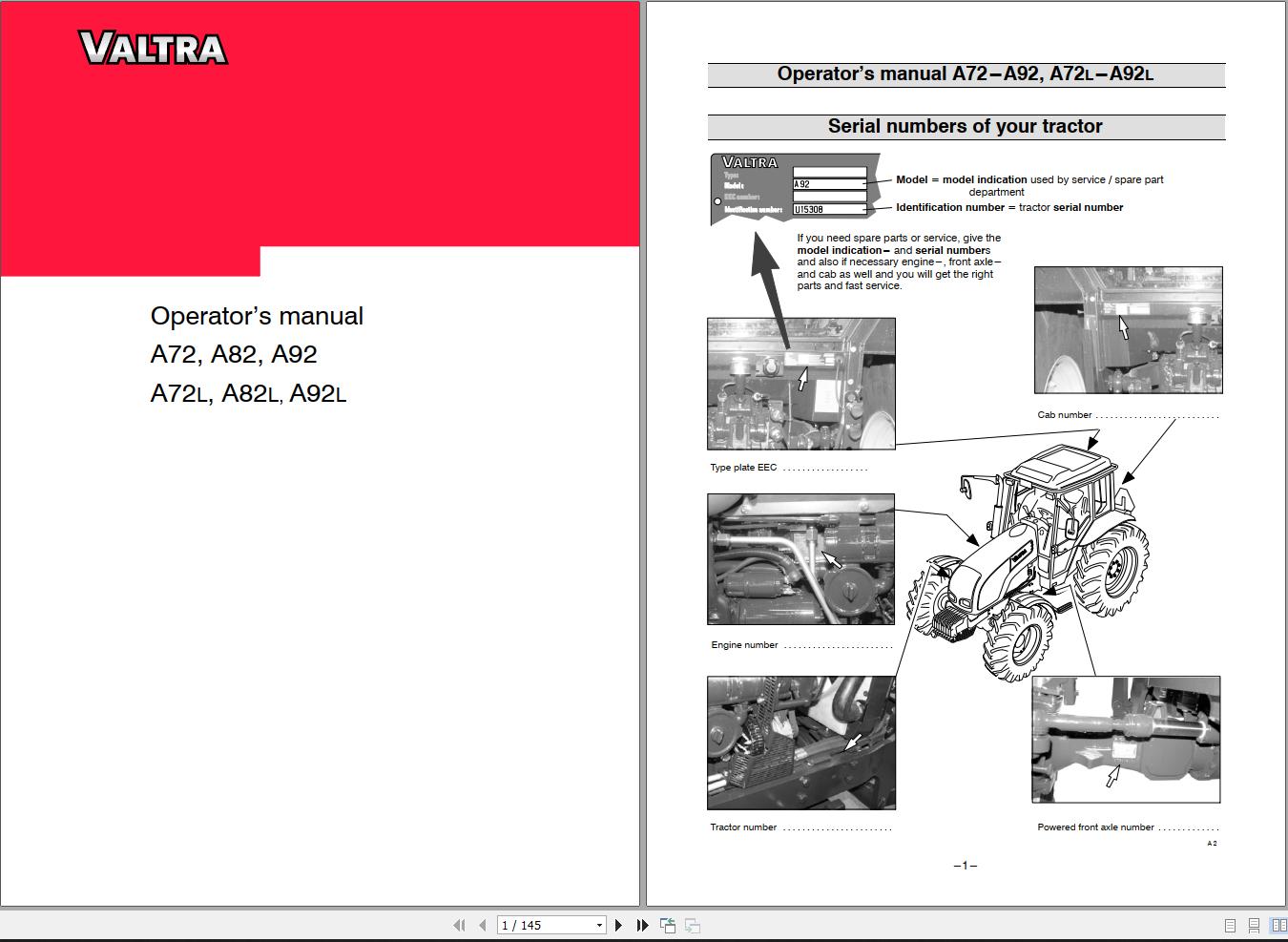 Valtra Tractor A72 to A92L Operators Manual