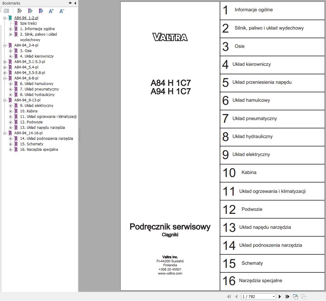 Valtra Tractor A84H1C7 A94H1C7 Service Manual PL