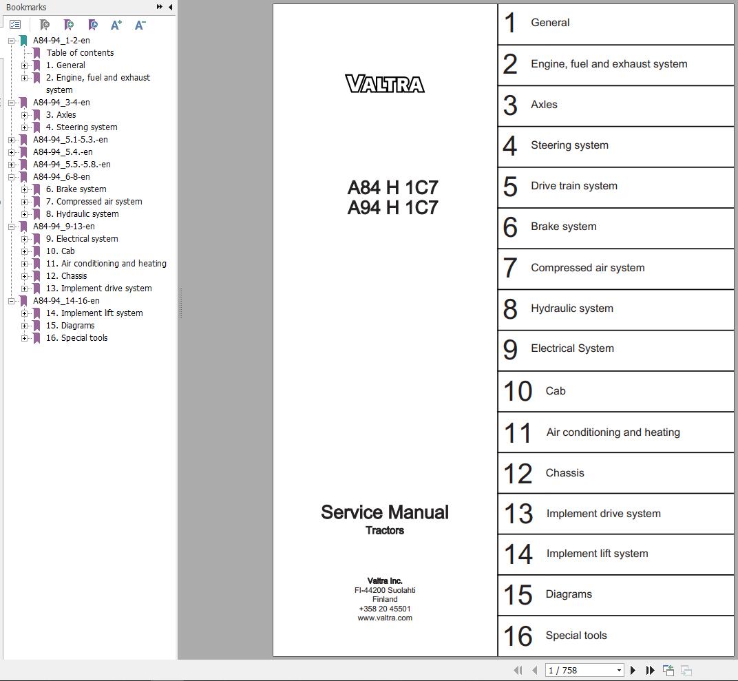 Valtra Tractor A84H1C7 A94H1C7 Service Manual