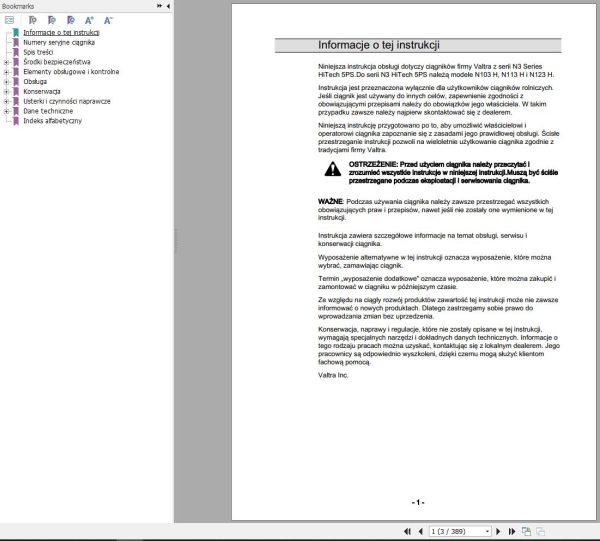 Valtra Tractor N103H N113H N123H Operators Manual PL