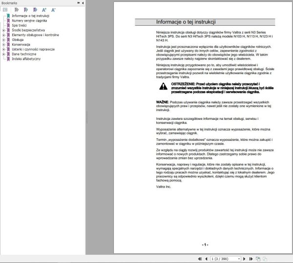 Valtra Tractor N103H to N143H Operators Manual PL