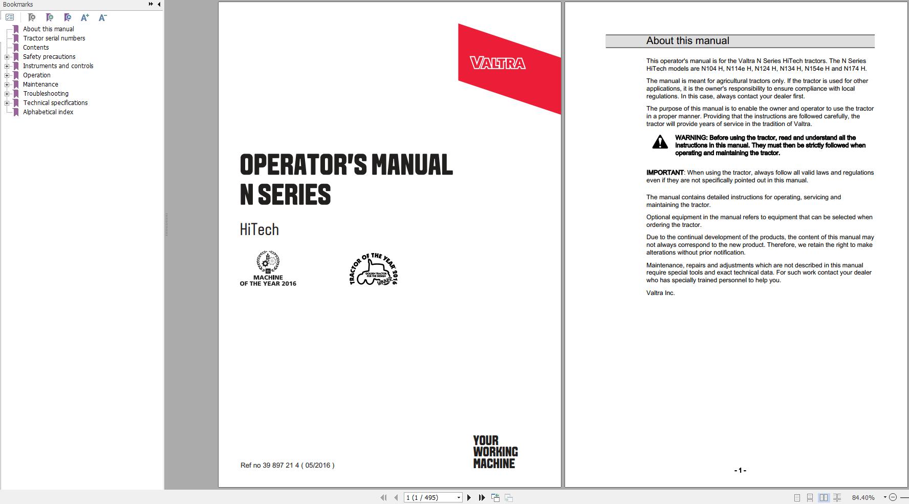 Valtra Tractor N104H to N174H Operators Manual