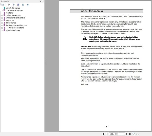 Valtra Tractor N123DX N143DX N163DX Operators Manual