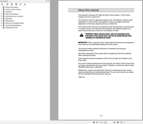 Valtra Tractor N123V N143V Operators Manual 39881211