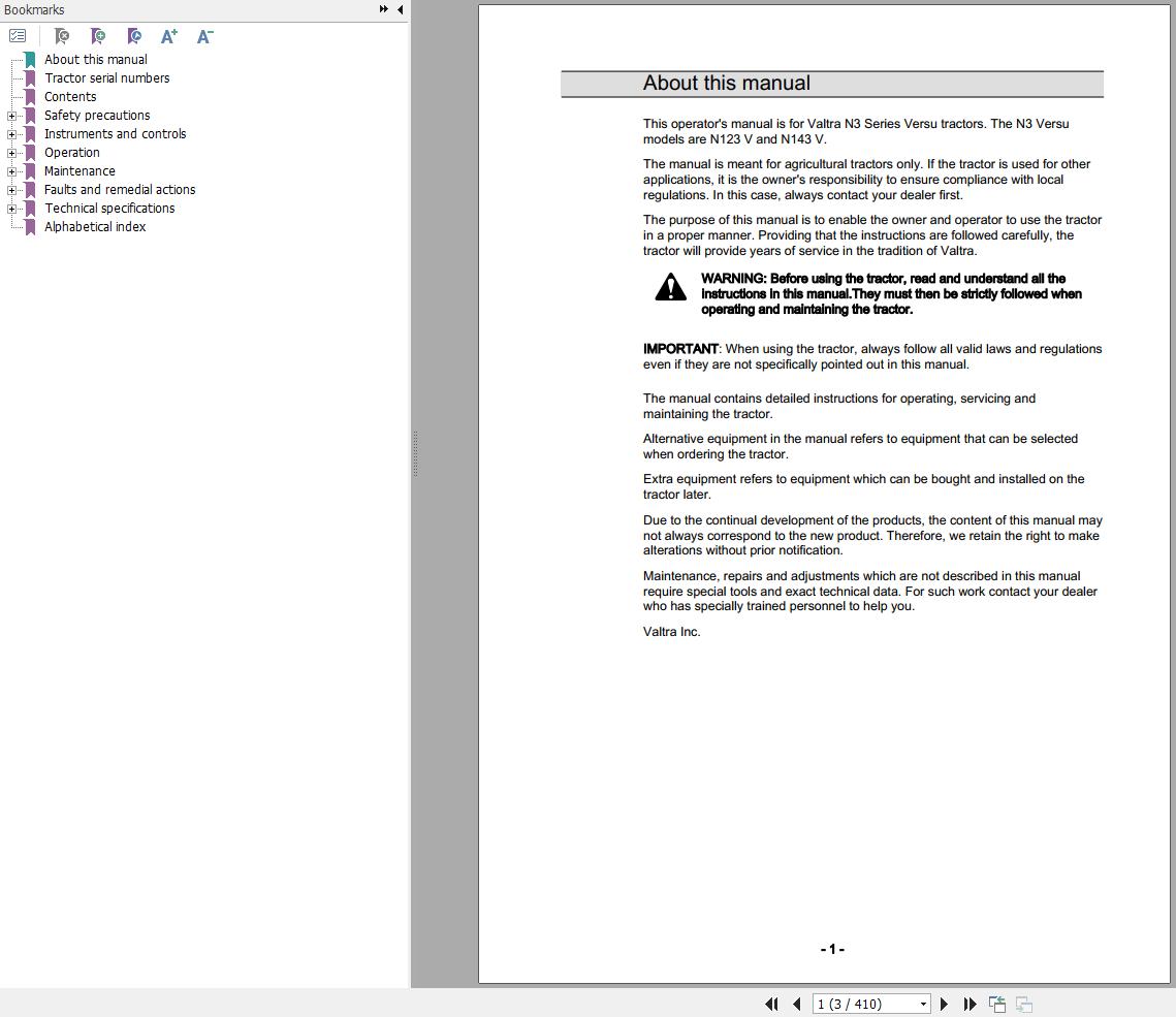 Valtra Tractor N123V N143V Operators Manual 39881211