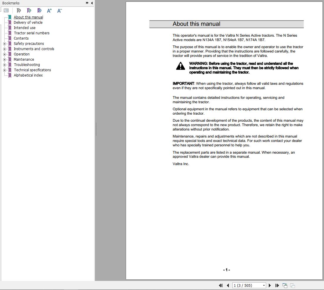 Valtra Tractor N134A1B7 N1154eA1B7 N174A1B7 Operators Manual