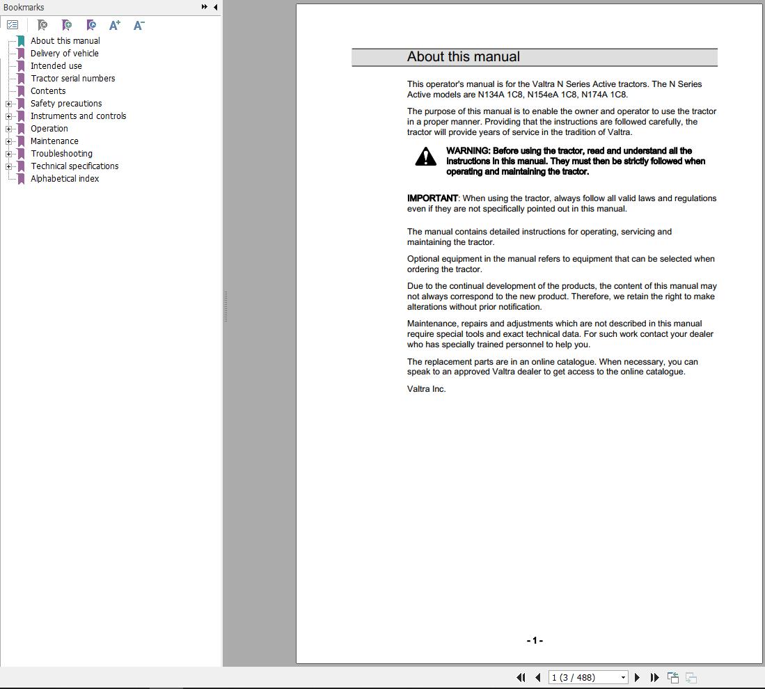 Valtra Tractor N134A1C8 N1154eA1C8 N174A1C8 Operators Manual