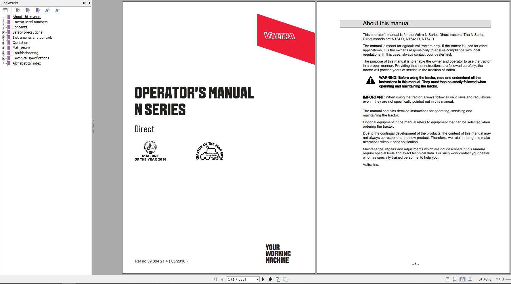 Valtra Tractor N134D N1154eD N174D Operators Manual 39894214
