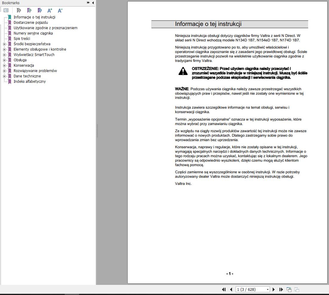 Valtra Tractor N134D1B7 N1154eD1B7 N174D1B7 Operators Manual PL