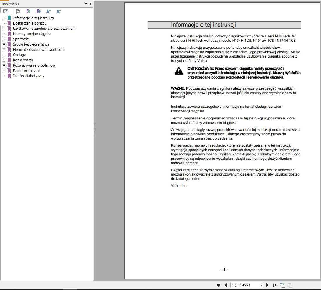 Valtra Tractor N134H1C8 N1154eH1C8 N174H1C8 Operators Manual PL