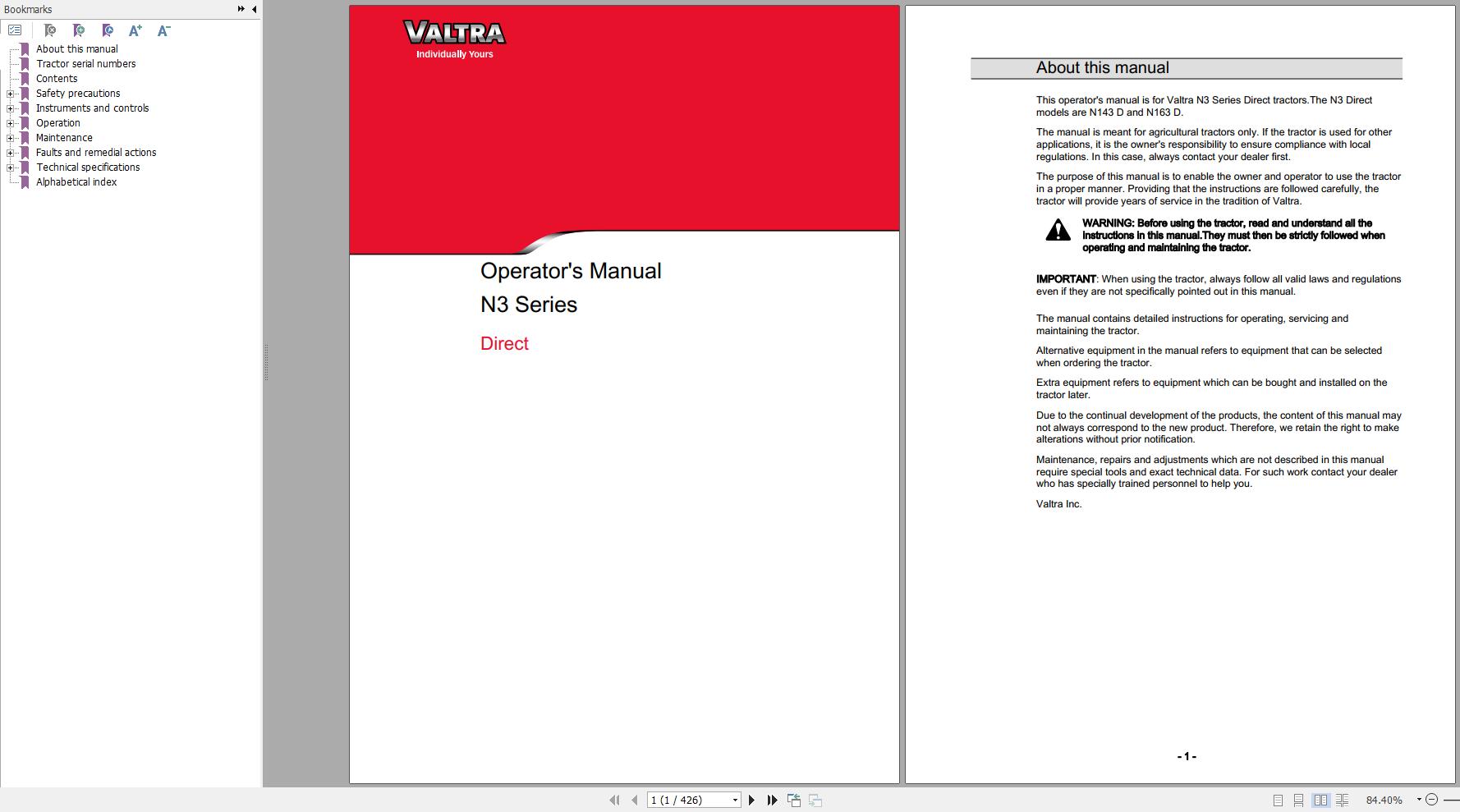 Valtra Tractor N143D N163D Operators Manual 39858213