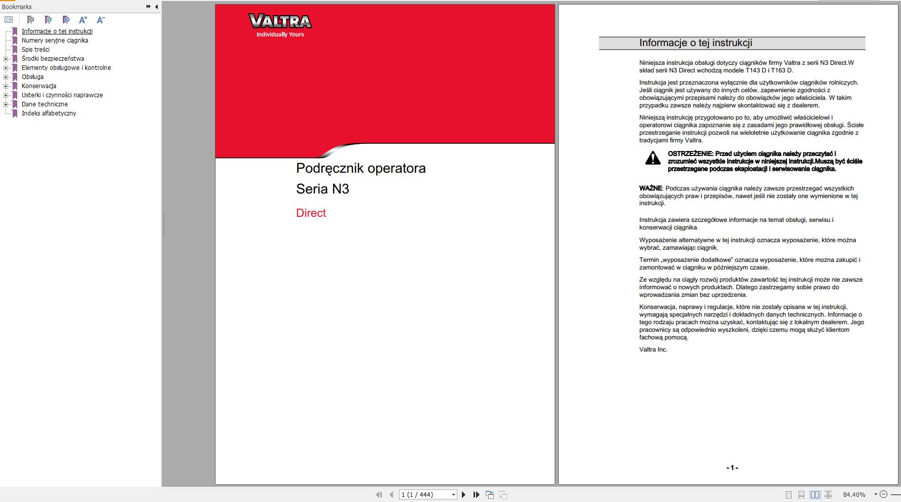 Valtra Tractor N143D N163D Operators Manual PL