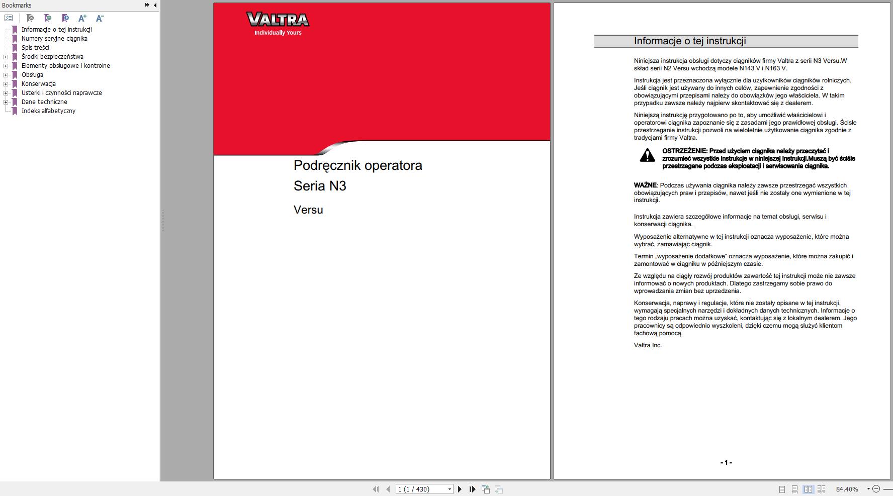 Valtra Tractor N143V N163V Operators Manual PL