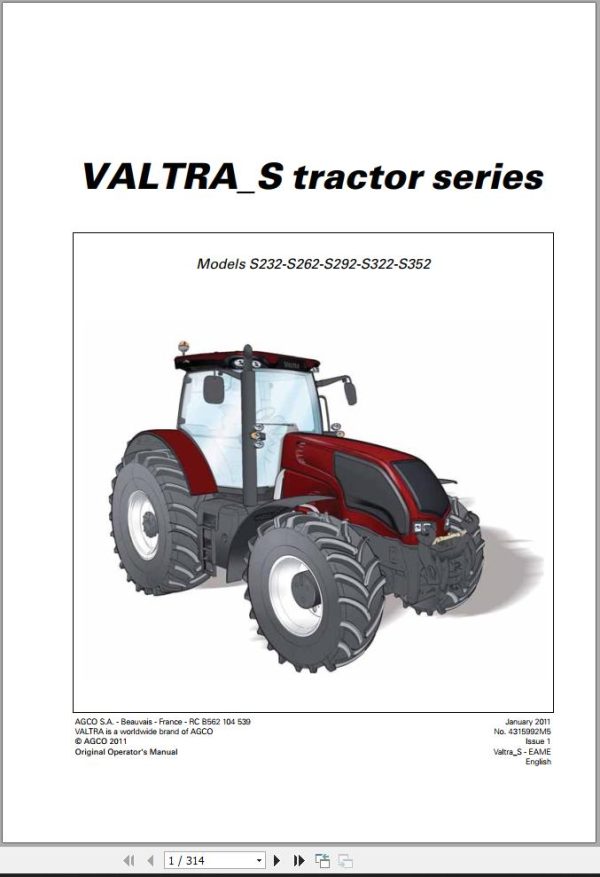Valtra Tractor S232 S262 S292 S322 S352 Operators Manual