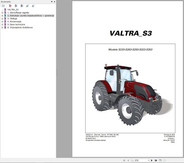 Valtra Tractor S233 to S353 Operators Manual PL