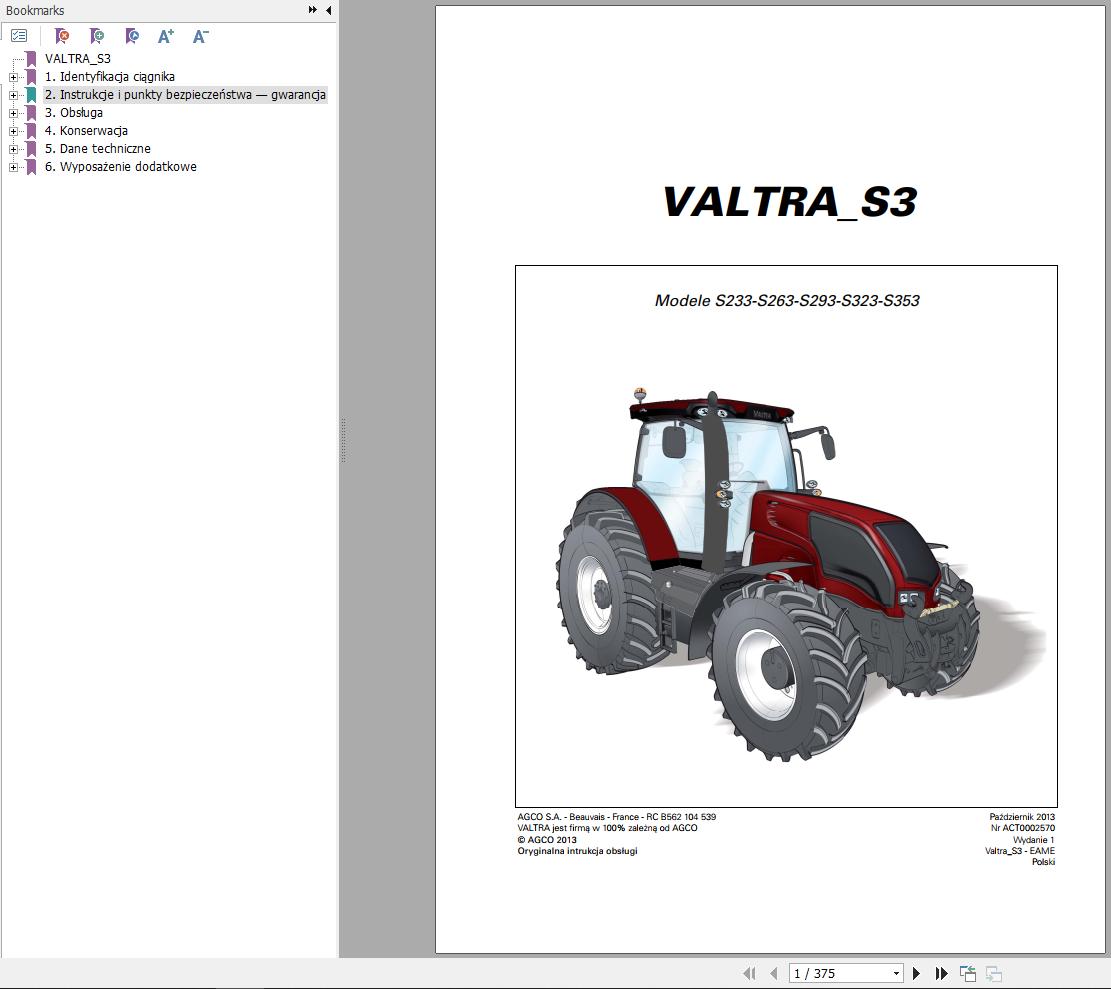 Valtra Tractor S233 to S353 Operators Manual PL