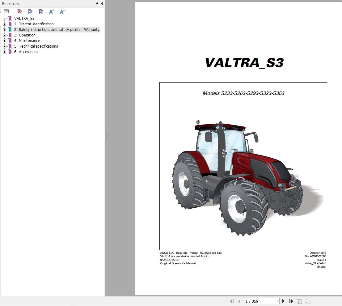Valtra Tractor S233 to S353 Operators Manual