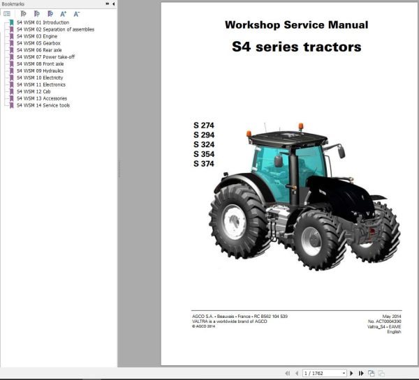 Valtra Tractor S274 S294 S324 S354 S374 Workshop Service Manual