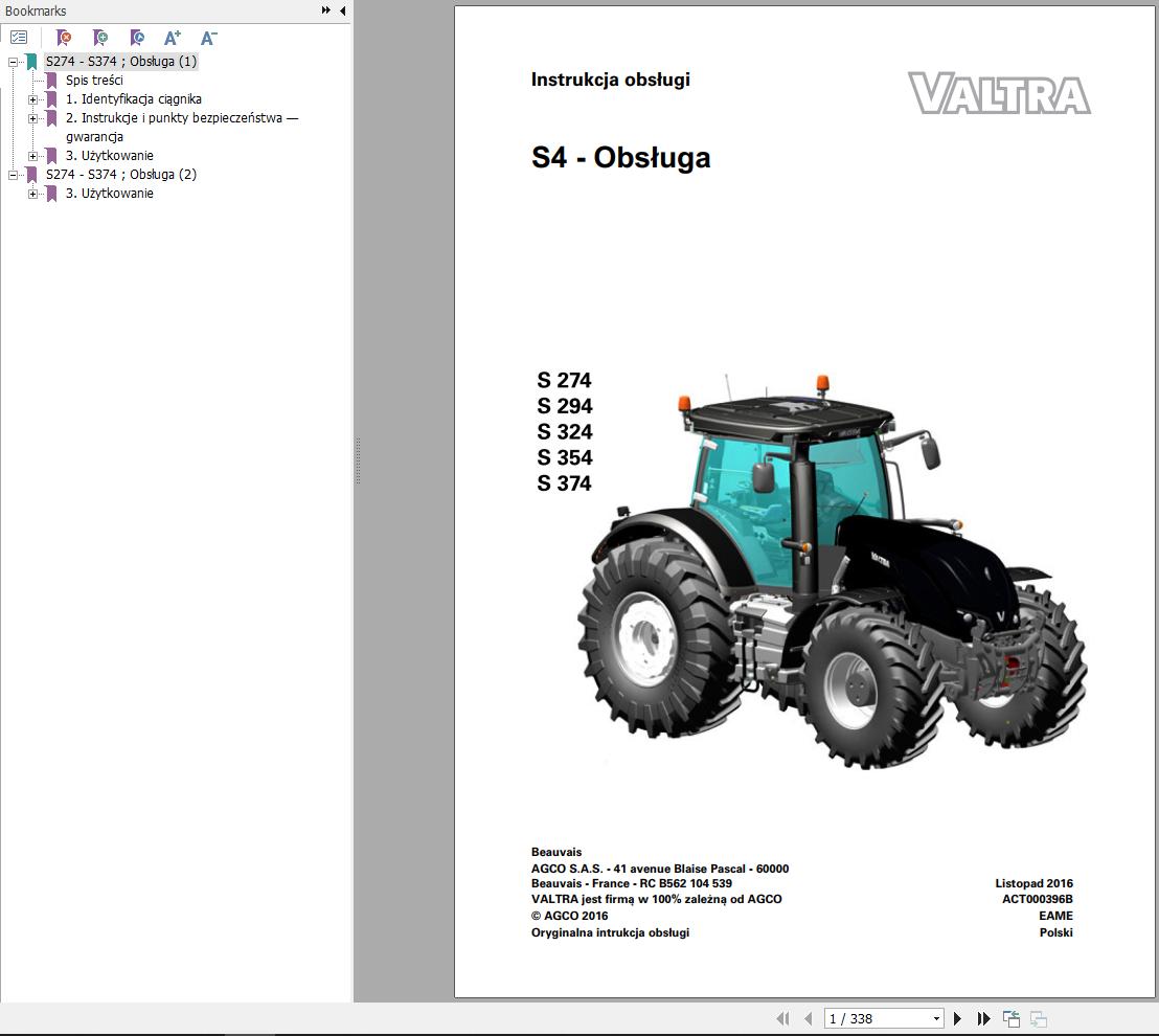 Valtra Tractor S274 to S374 Operators Manual PL