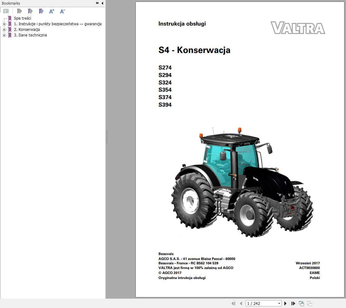 Valtra Tractor S274 to S394 Operators Manual PL