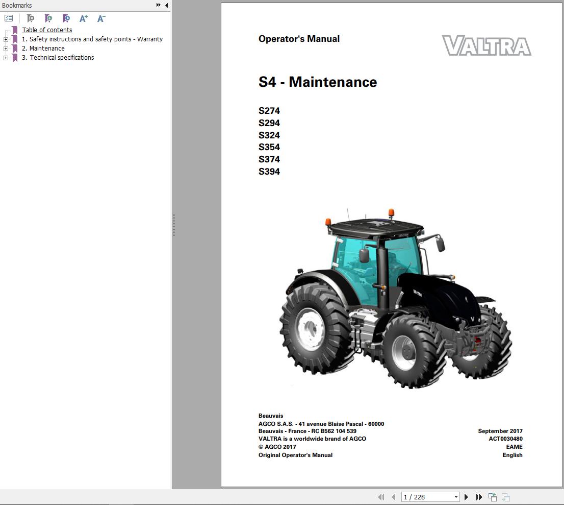 Valtra Tractor S274 to S394 Operators Manual
