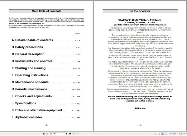 Valtra Tractor T120cH to T170cH Operators Manual 39834212