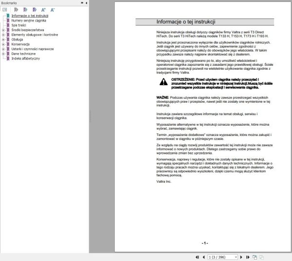 Valtra Tractor T133H T153H T173H T193H Operators Manual PL