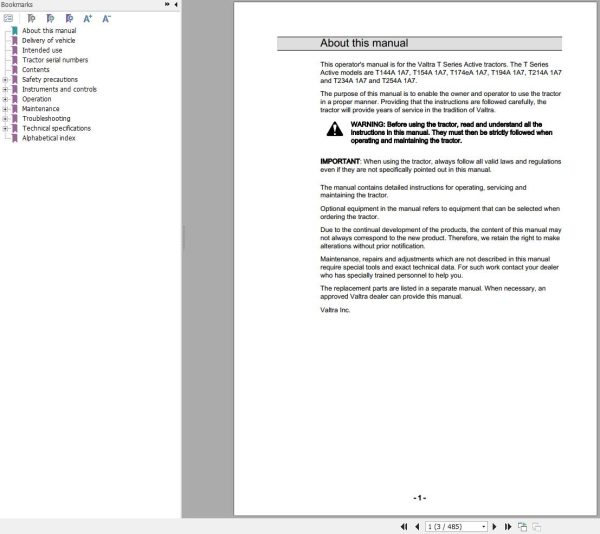 Valtra Tractor T144A1A7 to T254A1A7 Operators Manual