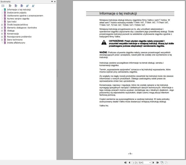 Valtra Tractor T144A1A7 to T254A1A7 Operators Manual PL