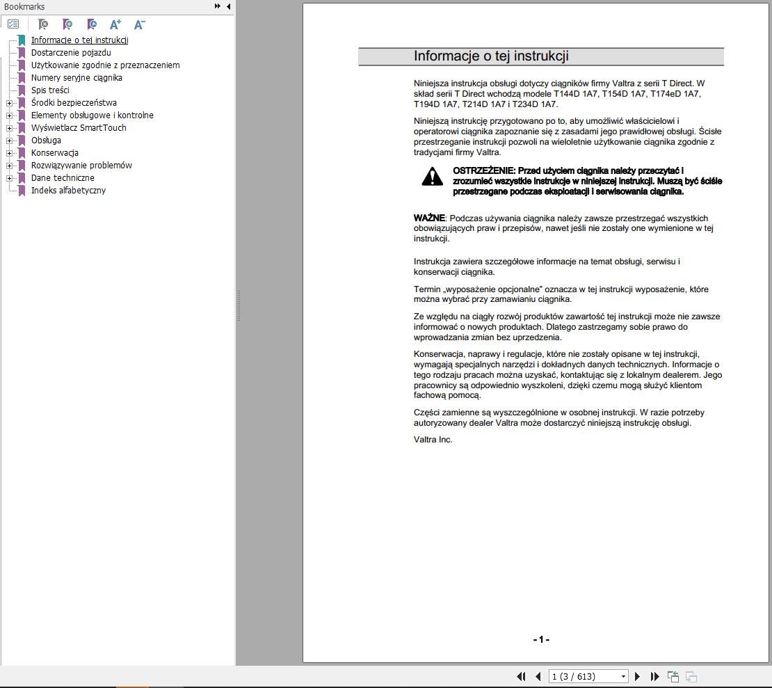 Valtra Tractor T144D1A7 to T234D1A7 Operators Manual PL