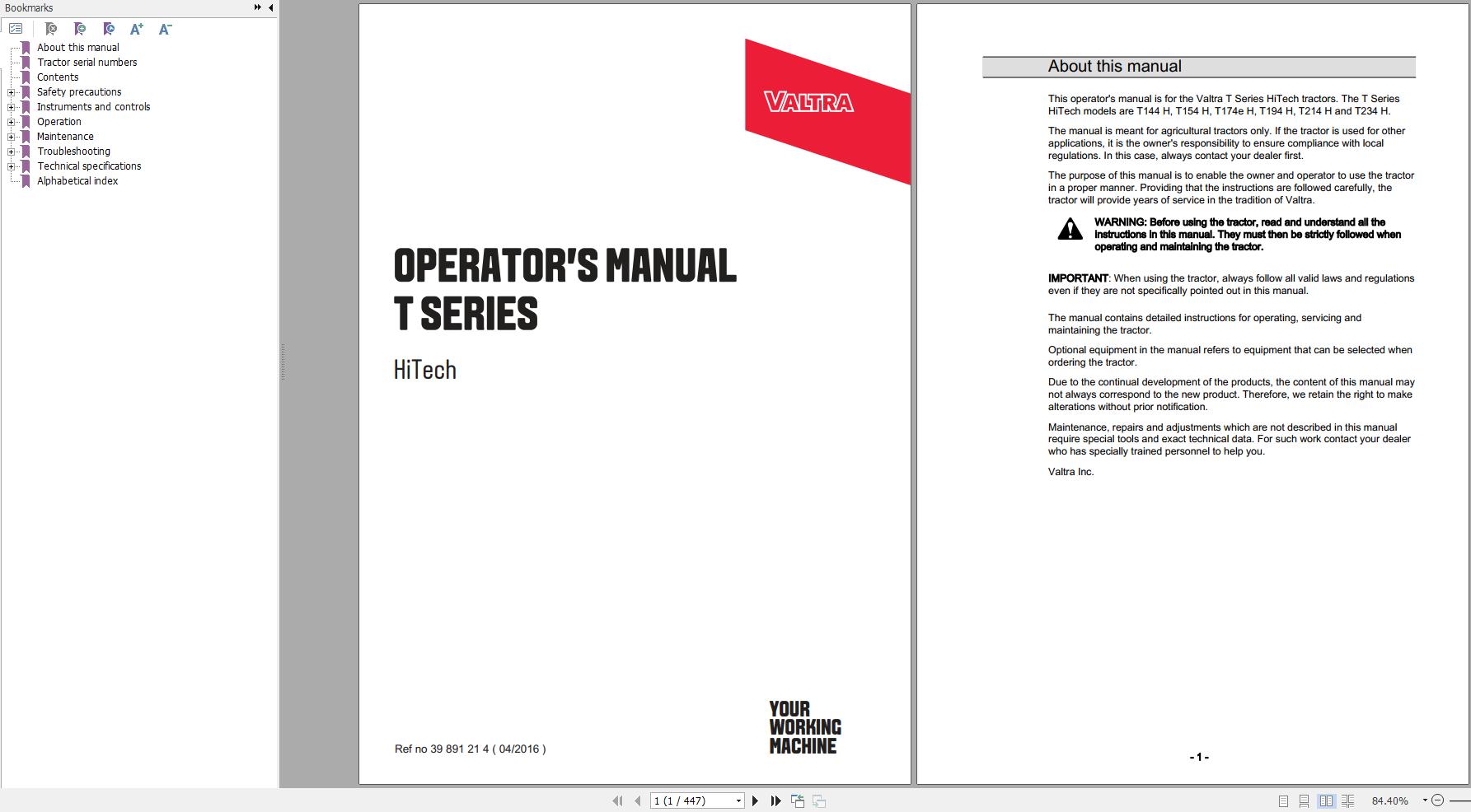 Valtra Tractor T144H to T234H Operators Manual