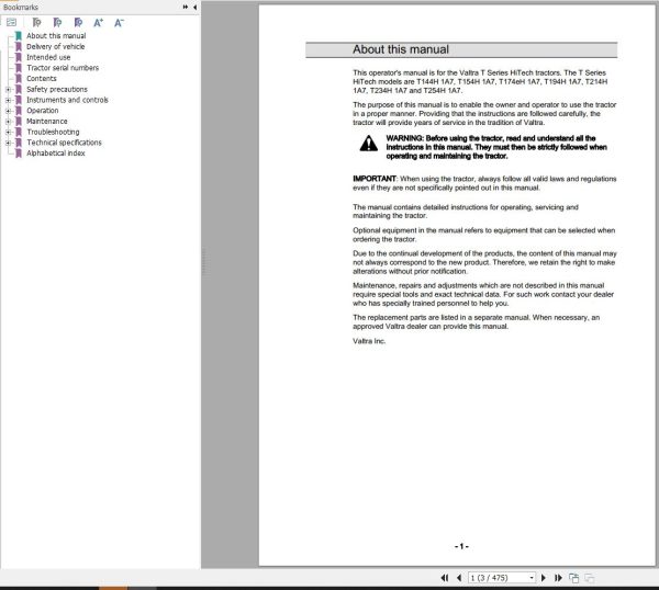 Valtra Tractor T144H1A7 to T254H1A7 Operators Manual