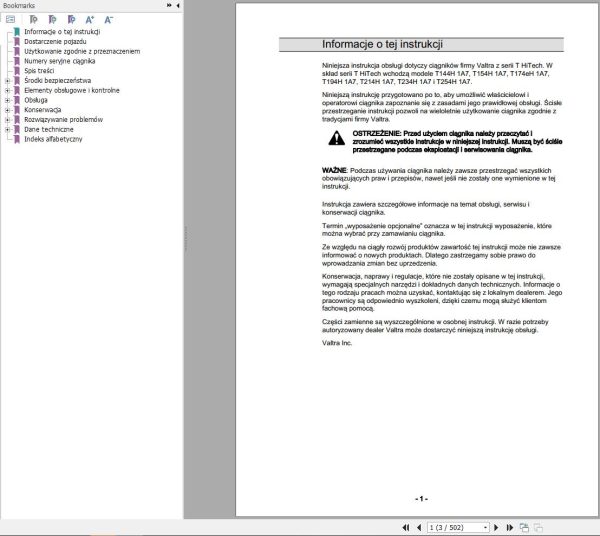 Valtra Tractor T144H1A7 to T254H1A7 Operators Manual PL