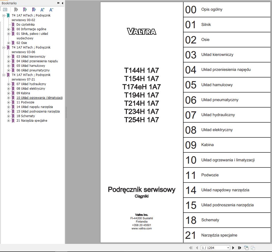 Valtra Tractor T144H1A7 to T254H1A7 Service Manual PL