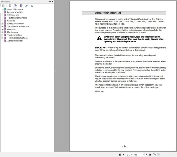 Valtra Tractor T144H1B8 to T254H1B8 Operators Manual