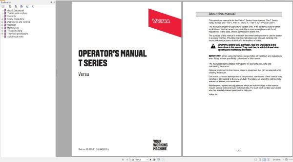Valtra Tractor T144V to T234V Operators Manual 39885215