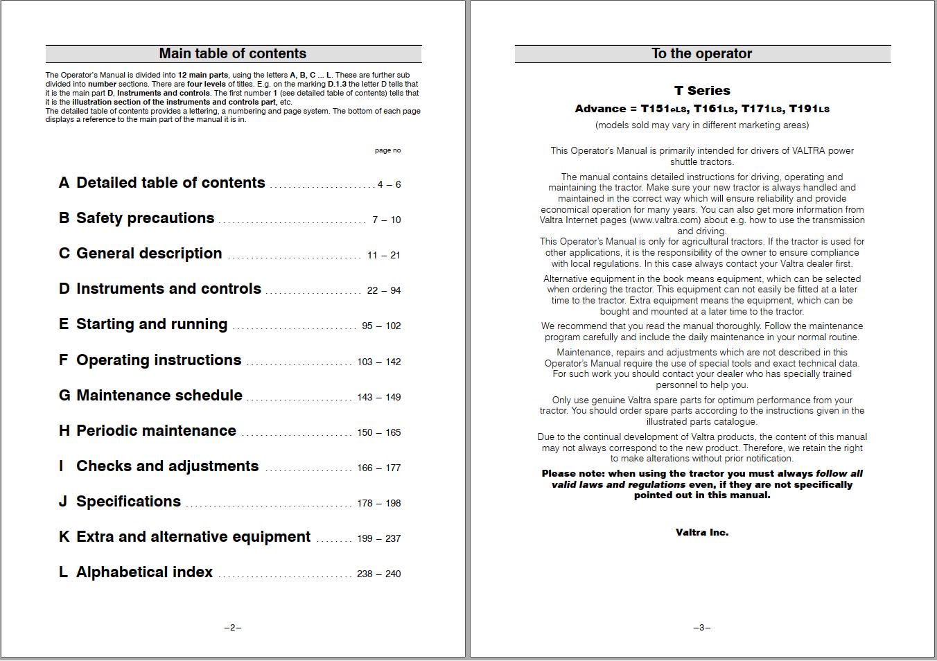 Valtra Tractor T151eLS T161LS T171LS T191LS Operators Manual