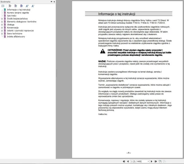Valtra Tractor T153D T163eD T183D T203D Operators Manual PL