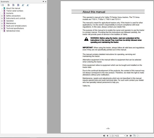 Valtra Tractor T153V T163eV T183V T213V Operators Manual