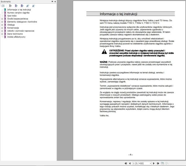 Valtra Tractor T153V T163eV T183V T213V Operators Manual PL