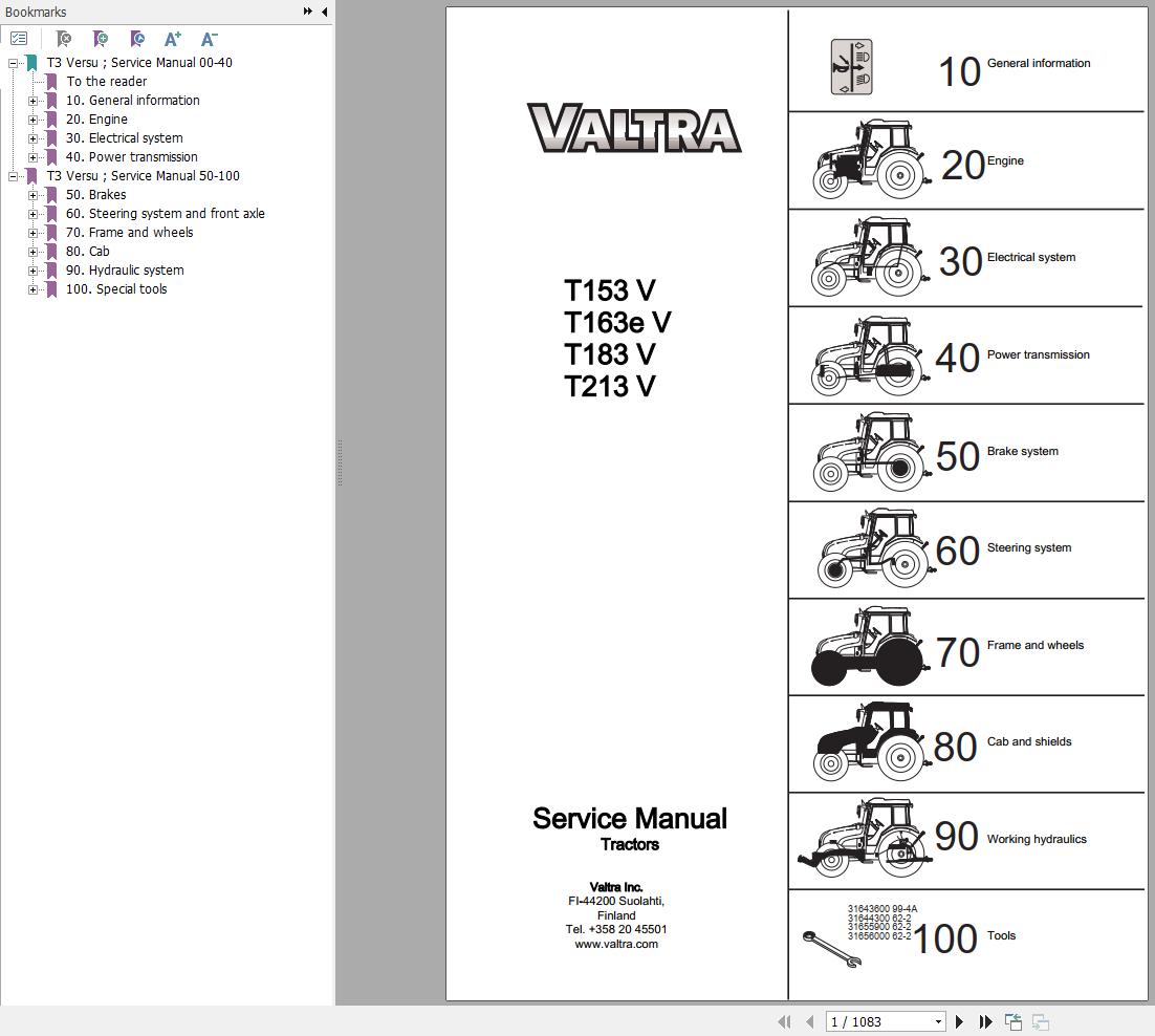 Valtra Tractor T153V T163eV T183V T213V Service Manual